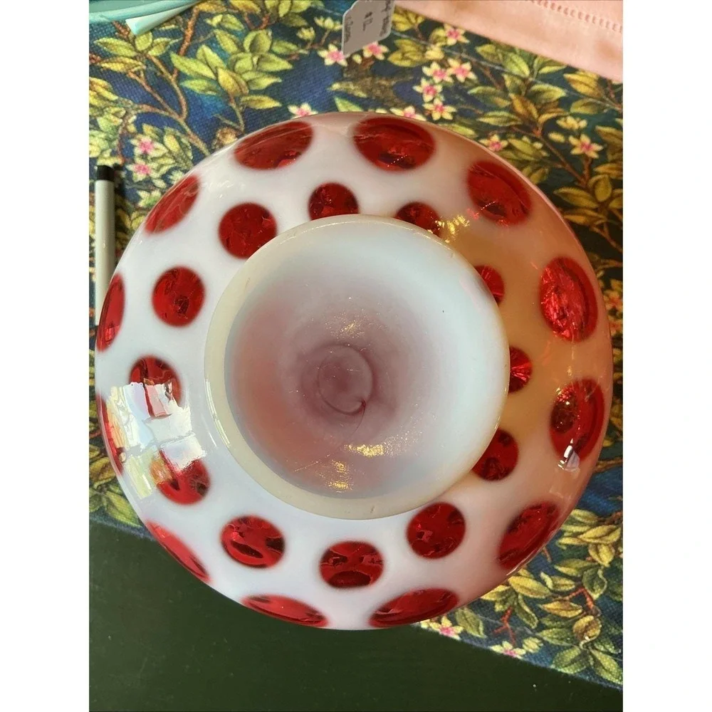 Vintage FENTON MCM Cranberry Opalescent Coin‎ Dot Art Glass Vase 6.5